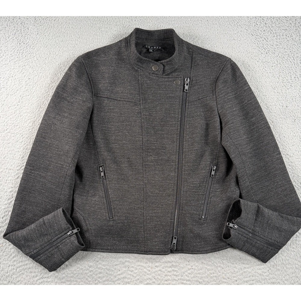 Theory Jacket Womens 10 Gray Asymmetrical Full Zip Knit Moto Kinde Persuade